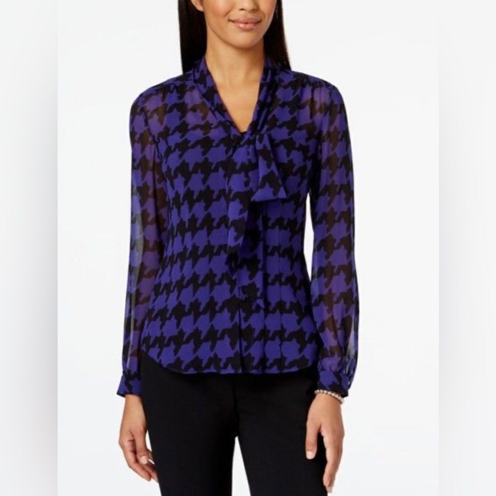 Tahari Asl Printed Sheer Tie-Neck Blouse